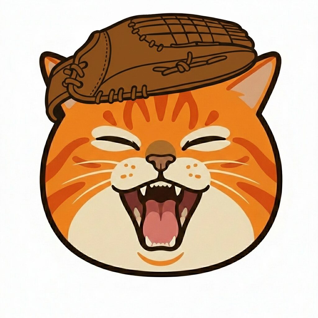 ミットを被ってあくびするでぶねこまるじ